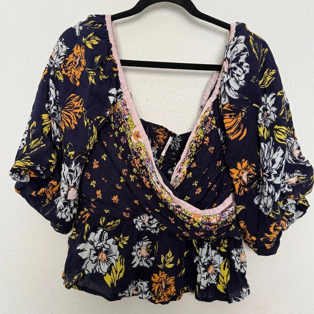 Free People Mirabella Floral Faux Wrap Smocked Puff Sleeve Blouse